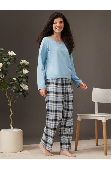 Women Blue Plaid Checkered Pyjama Bottoms