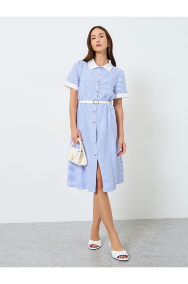 Women Striped Knee Length Shirt Dress