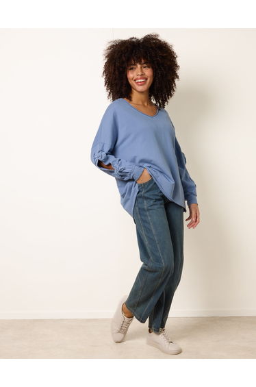 Loop Back Sweat Bow Sleeve Raw Edge V Neck Top