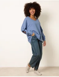 Loop Back Sweat Bow Sleeve Raw Edge V Neck Top
