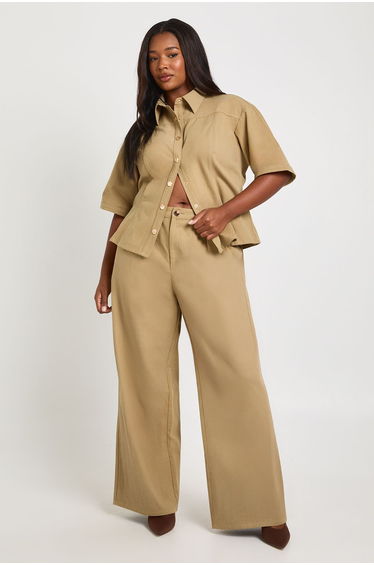Plus Twill Pleat Front Wide Leg Trouser - stone