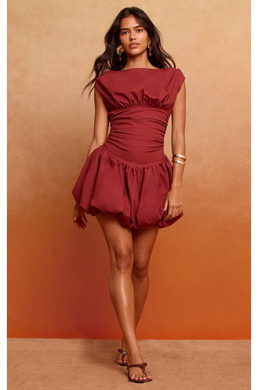 Deep Red Boat Neck Ruched Detail Puffball Dress
