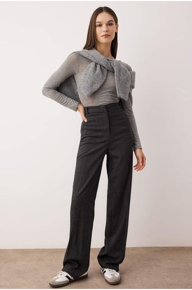 Anthracite Winter Touch Striped Wide Leg/Wide Leg Elastic Back Fabric Trousers