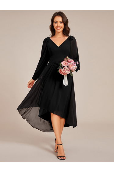 ever MYLAN|Long Sleeve V-Neck Midi Asymmetrical Hem Chiffon Bridesmaid Dress