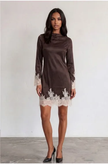 TFNC Lavina Lace Chocolate Mini Dress