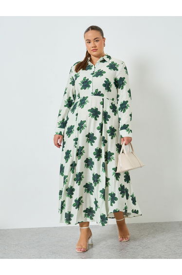 Plus Size Green Floral Shirt Midi Dress