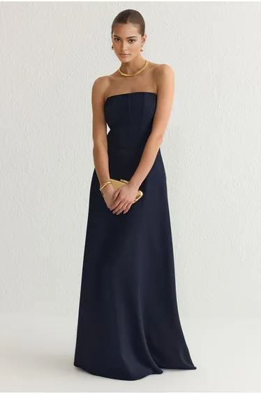 Navy Blue A-Line Strapless Long Elegant Evening & Graduation Dress