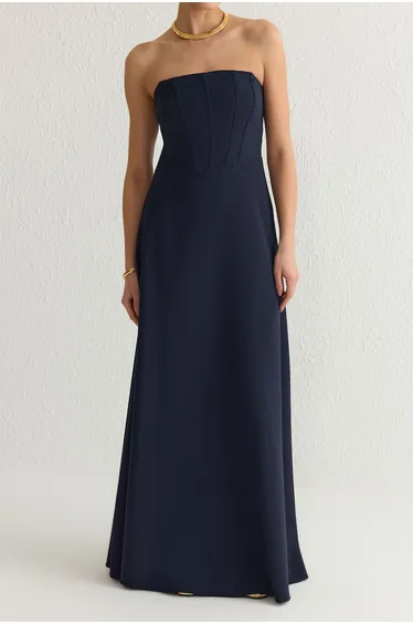Navy Blue A-Line Strapless Long Elegant Evening & Graduation Dress