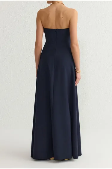 Navy Blue A-Line Strapless Long Elegant Evening & Graduation Dress