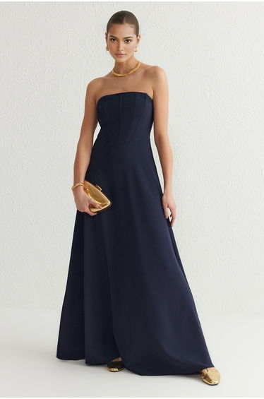 Navy Blue A-Line Strapless Long Elegant Evening & Graduation Dress