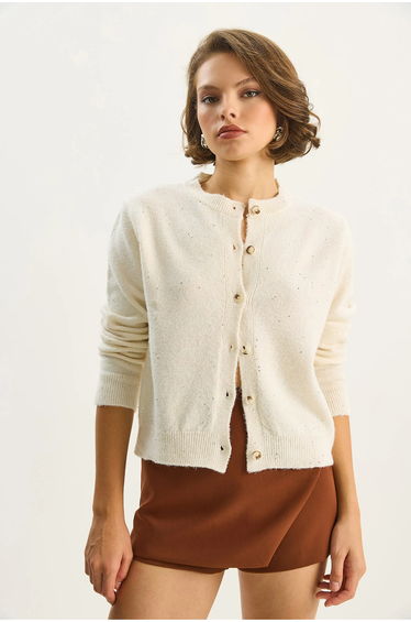 LUCCI Textured Ribbed Cardigan with Sequin Detail