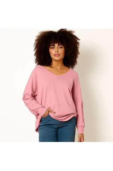 Loop Back Sweat Bow Sleeve Raw Edge V Neck Top