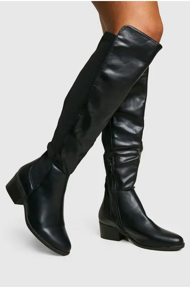 Wide Fit Elastic Panel Detail Knee High Boots - black