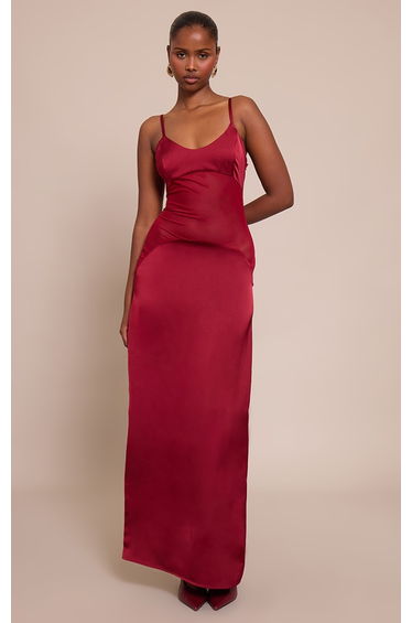 Deep Plum Satin Scoop Neck Mesh Detail Maxi Dress
