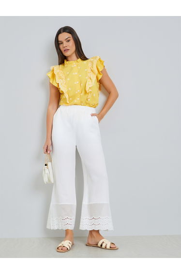 White Straight Leg Pants with Lace Hem Detail