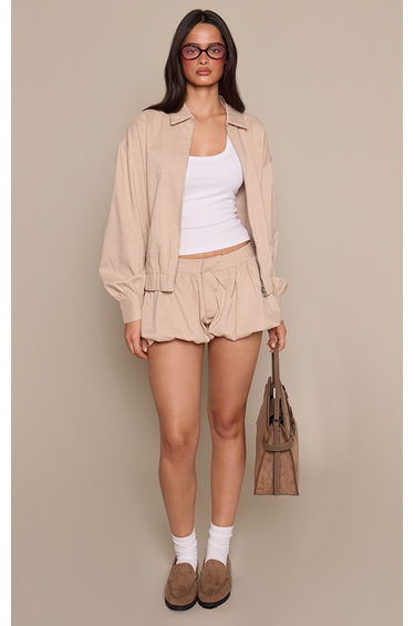 Beige Textured Woven Puffball Shorts
