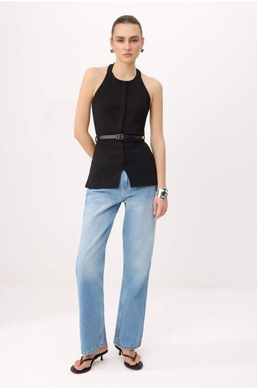 Black Fitted/Bodycon Halter Neck Sleeveless Belted Interlock Knitted Blouse