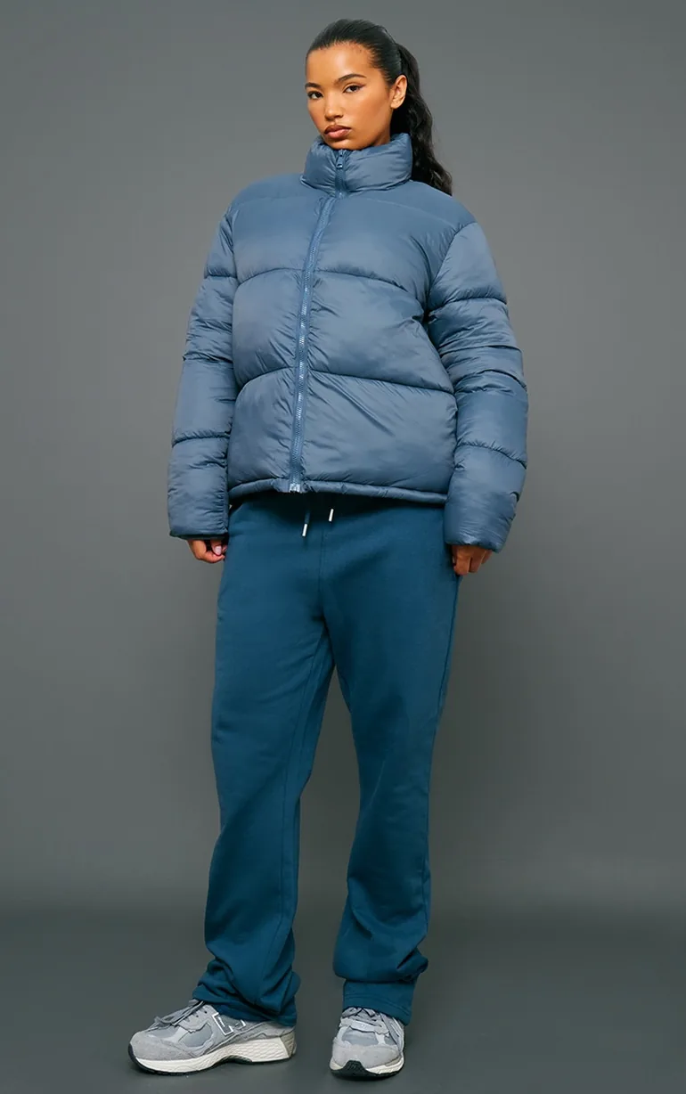 Petrol Shell Quilted Cropped Puffer Coat - 2