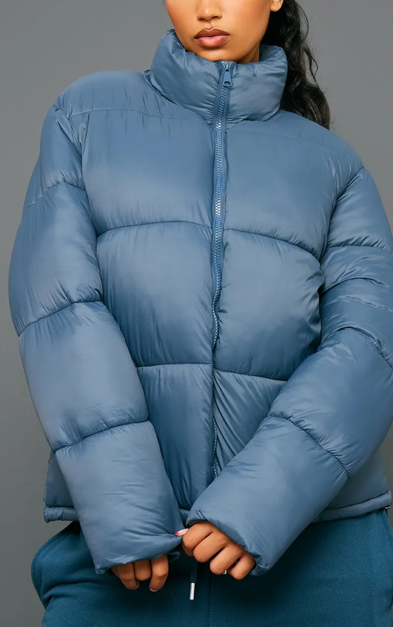 Petrol Shell Quilted Cropped Puffer Coat - 3