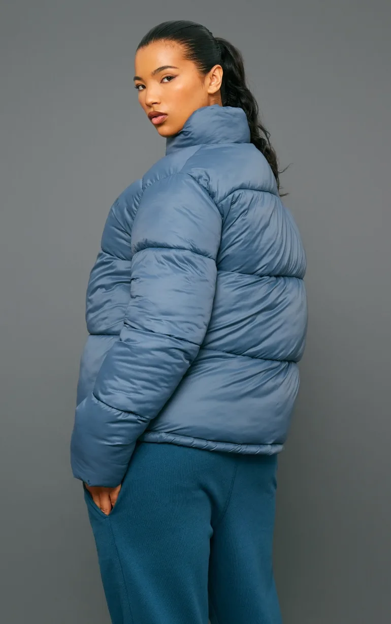 Petrol Shell Quilted Cropped Puffer Coat - 1