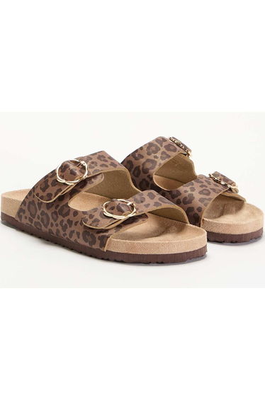 Leopard print double strap sandals BROWN