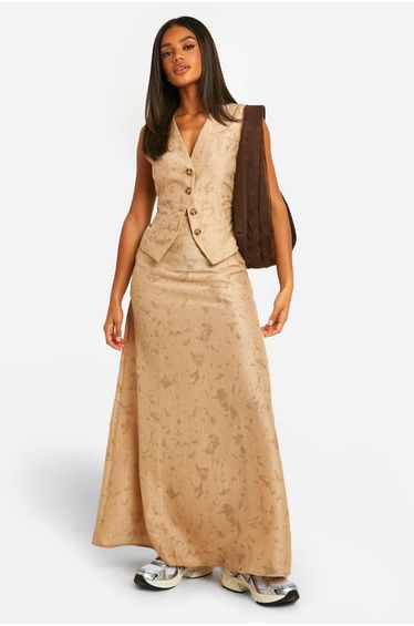 Tie Dye Textured Split Back Maxi Skirt - stone