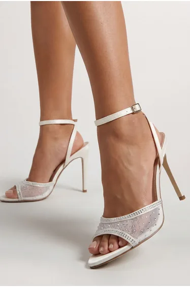 White Satin Diamante Mesh Stiletto Heeled Sandals