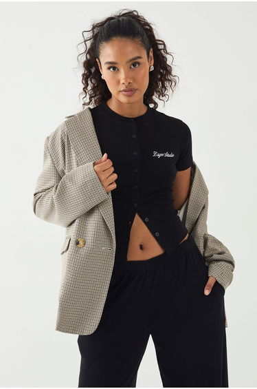 DSGN Studio Script Embroidery Ribbed Button Through Short Sleeve Top - black