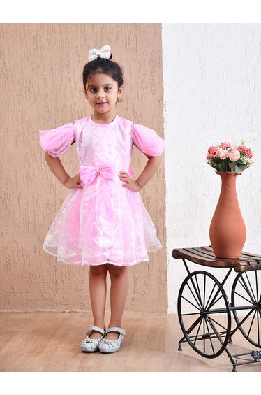 Embellished Lace Detail Knee-Length Dress with Bow Detail