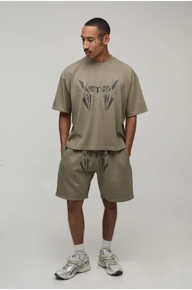 Oversized Boxy Studded T-Shirt & Relaxed Short Set - khaki