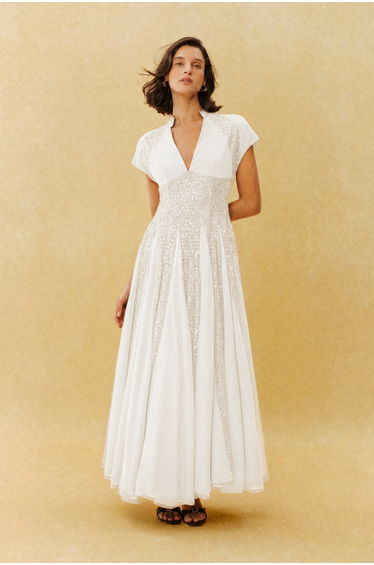 Just Enough White Sequin V Neck Cap Sleeve Maxi Dress