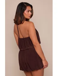 Chocolate Double Layer Slinky Eyelet Detail Puff Dress - 1