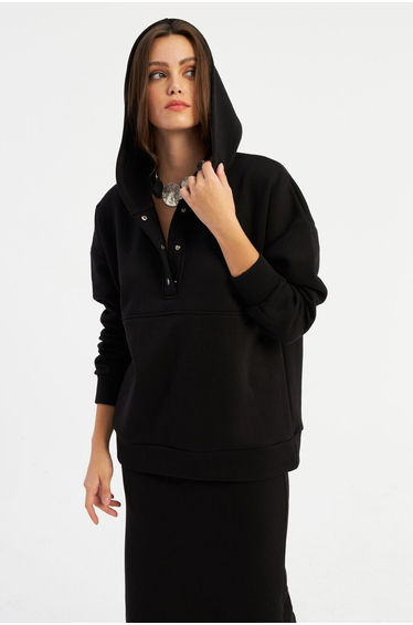 Women's Black Hooded Snap Sweatshirt