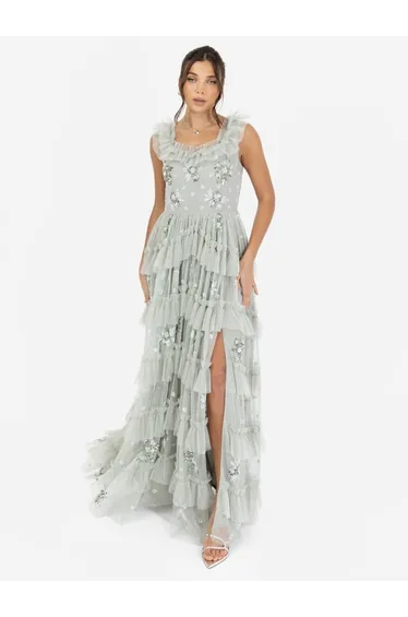 Maya Sage Green Embellished Sleeveless Tiered Maxi Dress