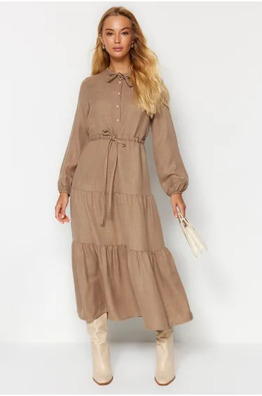 Brown A-Line Midaxi Smock Dress with Long Sleeves