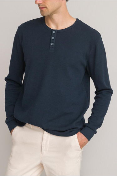Cotton Grandad Collar T-Shirt with Long Sleeves