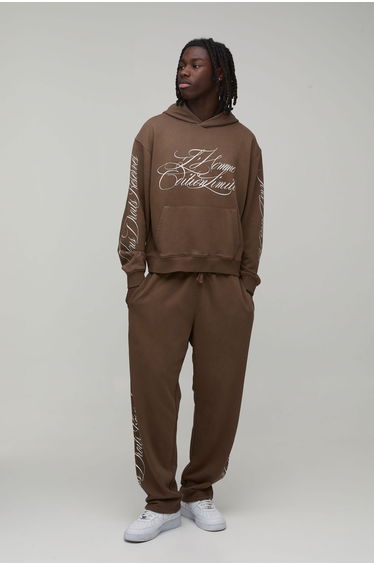 Oversized Boxy Script Washed Loopback Hooded Tracksuit - brown