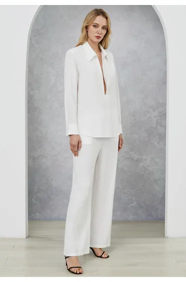 Deep V-Neck Collared Shirt and Drawstring Pants Set in White