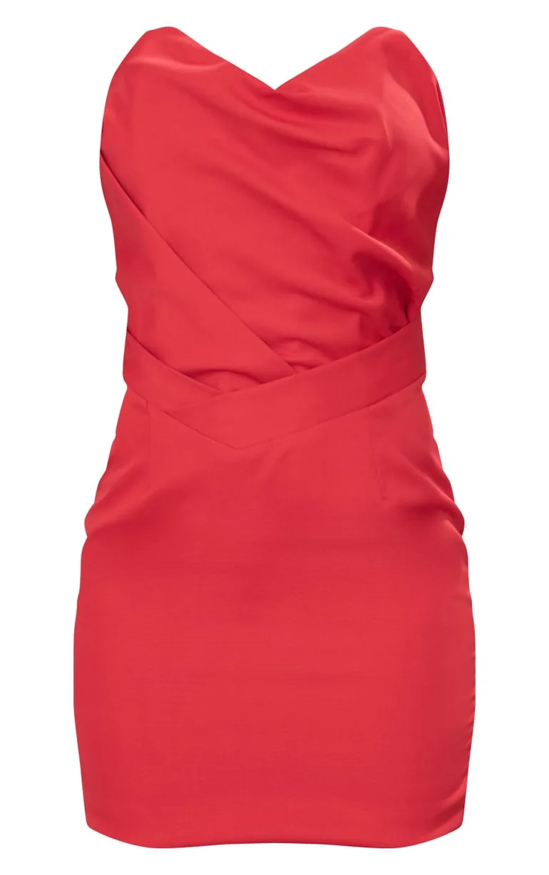 Red Pointed Corset Woven Dress - 4