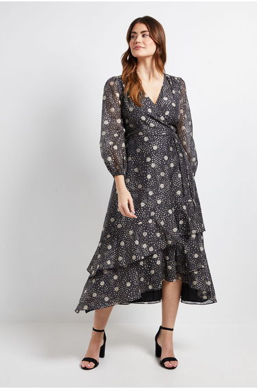 Polka Dot Ruffle Wrap Midi Dress