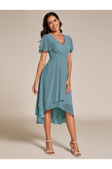 ever LARK|Ruffles Sleeve Pleated V-Neck A-Line Midi Chiffon Wedding Guest Dress