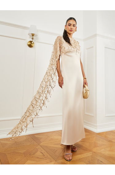 Gold Embellished Cape Maxi Dress