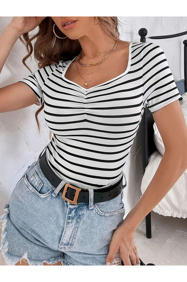 White Striped Short Sleeves Top