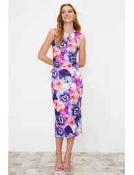 Multicolored Floral Printed Back Detailed Midaxi Stretchy Knitted Midaxi Dress