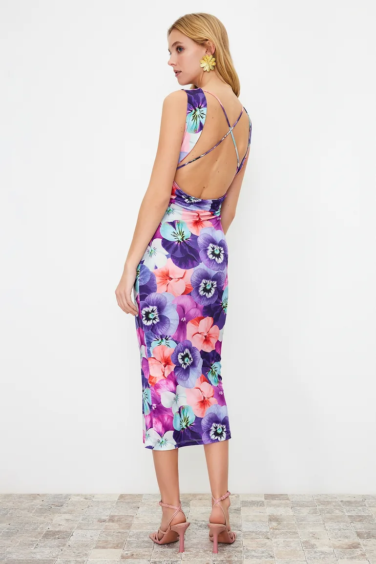 Multicolored Floral Printed Back Detailed Midaxi Stretchy Knitted Midaxi Dress - 4