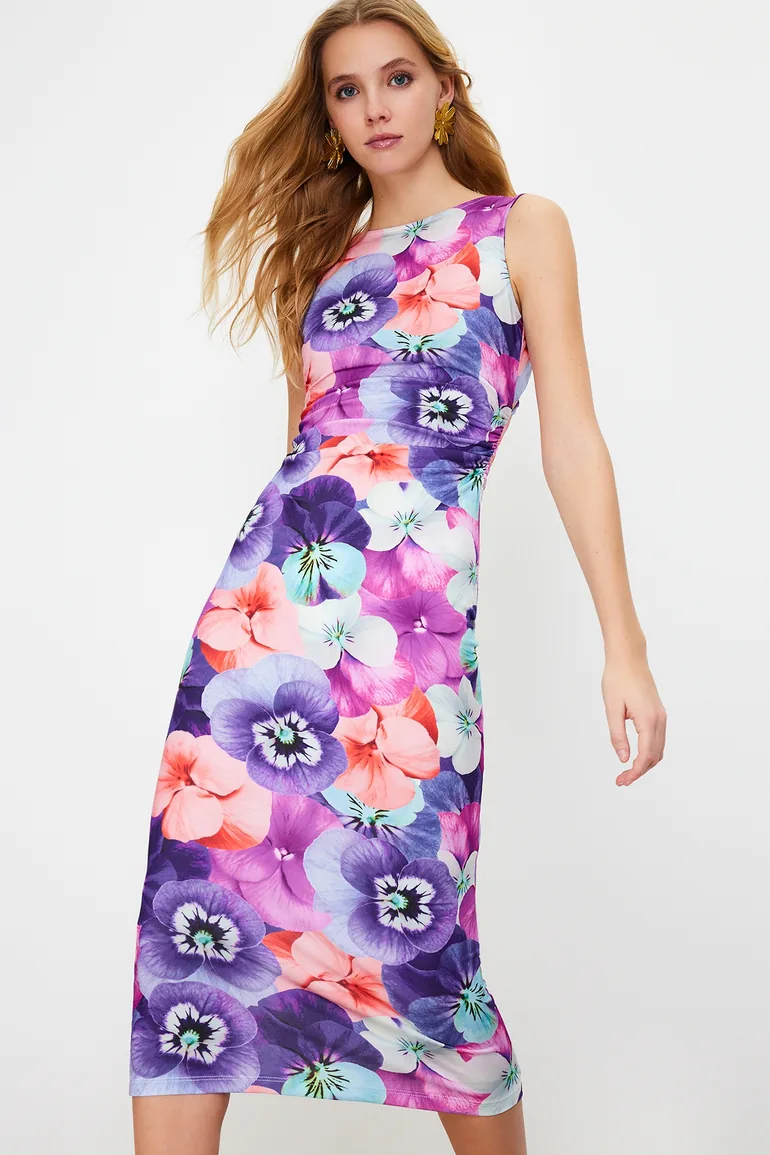 Multicolored Floral Printed Back Detailed Midaxi Stretchy Knitted Midaxi Dress - 1