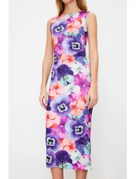 Multicolored Floral Printed Back Detailed Midaxi Stretchy Knitted Midaxi Dress - 3