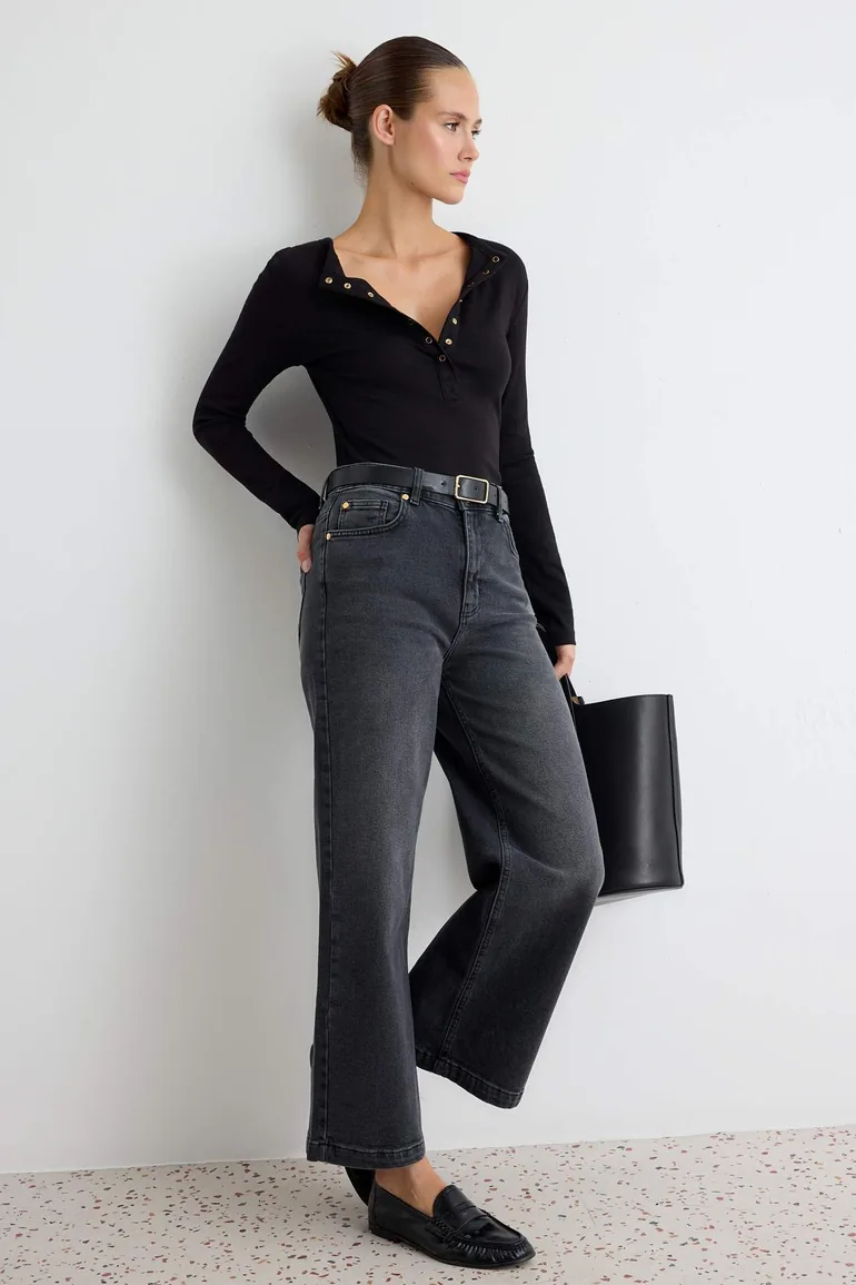 Black Medium Stretch High Waist Ankle Length Culotte Jeans - 1