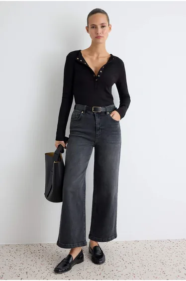 Black Medium Stretch High Waist Ankle Length Culotte Jeans