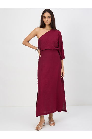 Women Maroon One Shoulder Top with Skirt Co-Ords